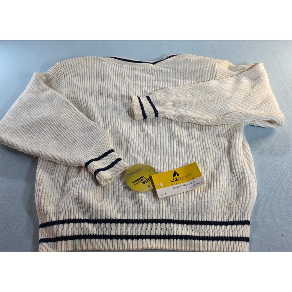 LizSport Petite Cream Ribbed V-Neck Sweater Navy Varsity Stripe